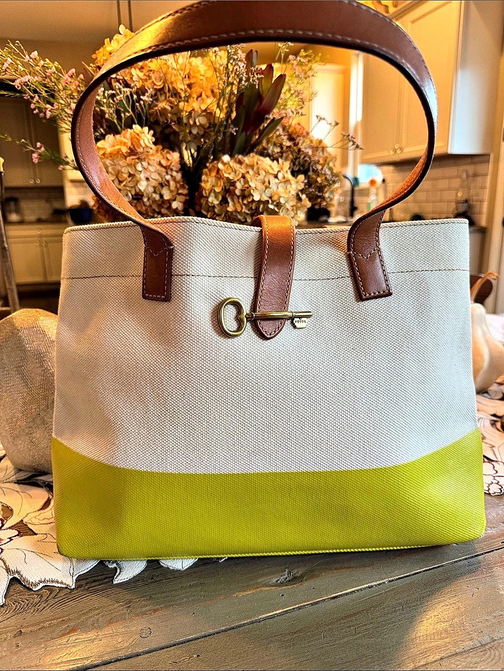 Fossil Color Block  bag Green & White w| cognac leather strap & brass key closur